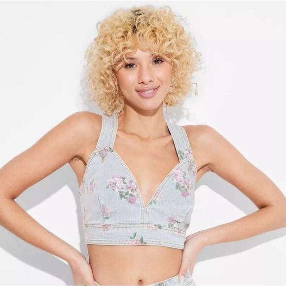 Wild Fable Light Wash Floral Cropped Denim Vest Size XXS - Picture 1 of 10